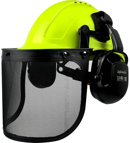 SAFEBUILDER Q20X - Casco de seguridad forestal 3 en 1 con diseño de carbono, casco de arborista de motosierra con protector facial y orejeras, protección auditiva, cascos duros ANSI Z89.1 OSHA (escudo