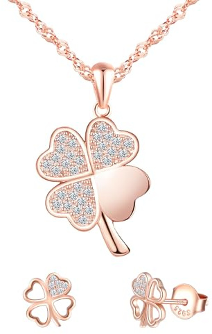 MICMIF Parure de bijoux trèfle en argent 925 pour femme, collier et boucles d'oreilles trèfle, plaqué or rose, bijoux zirconi trèfle à quatre feuilles pour petite amie maman fille