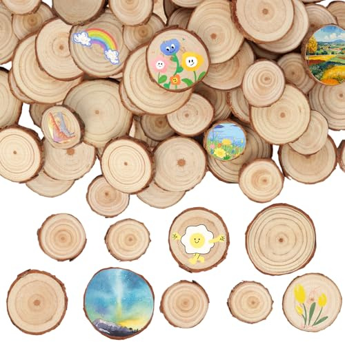 50 Piezas Rodajas de Madera, Troncos Madera Decoracion Redondos de 3-4/4-5/5-6cm, Madera Manualidades Sin Acabar de 5mm de Grosor, Rodajas Madera para Bricolaje, Boda, Decoración Navideña