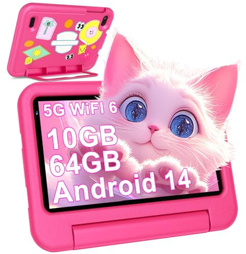 2025 Neueste Android 14 Kinder Tablet 7 Zoll, 10GB(4+6) RAM+64GB ROM/TF 1TB, WLAN 6, 5G+2.4G WLAN, 8-Core 1.8 GHz, 1024*600, 3500mAh, Type-C, Bluetooth 5.0, Kids Tablet Mit EVA-Hülle - Rosa
