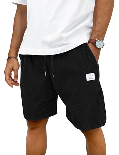 TARAINYA Velours Côtelé Short Homme Coton Stretch Cordon de Serrage été Casual Chino Corduroy Shorts Court Homme avec Poches Noir 2XL