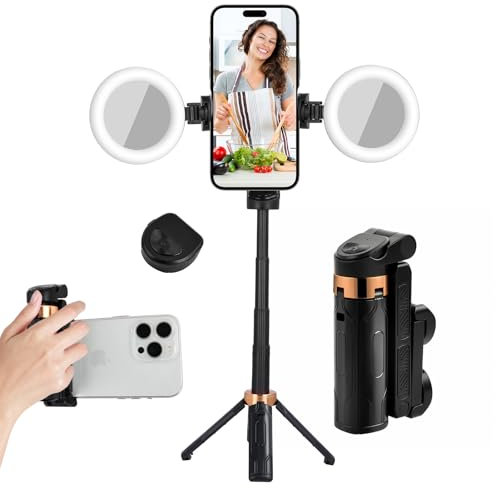 Mini Palo Selfie para movil, Bluetooth Selfie Stick con Control Remoto Desmontable y 2 Luces de Relleno, Rotación 360° Extensible tripode para movil para iPhone/Samsung/Android teléfonos Inteligentes