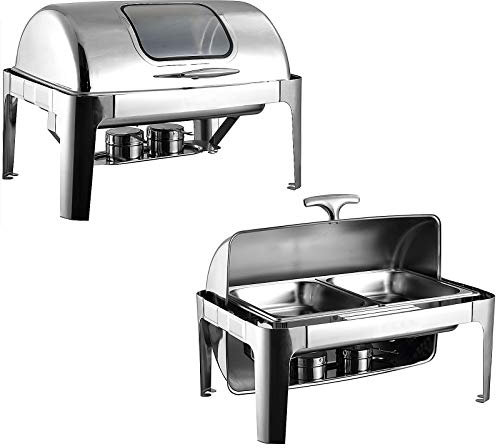 Chafing Dish de Acero Inoxidable de 9 litros con Tapa Enrollable, Juego de Calentadores de tamaño Completo y Buffet con Insertos, Bandeja para Comida, Bandeja para Agua y Soportes