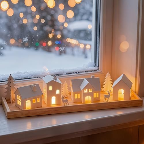 Sziqiqi Lichthaus Weiß Weihnachten Tischdeko: Lichterhäuser Teelichthaus Metall mit Holztablett 4 LED Teelichter 3 Baum 2 Hirsch - Klein Windlicht Haus Laterne Weihnachtsdorf für Fensterbank