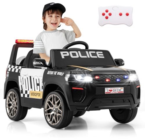 GOPLUS Voiture Electrique Enfants 12V 3-8 Ans, Camion de Police Electrique Enfnat avec Télécommande 2,4G, Sirène, Lumières LED, Démarrage Progressif, Voiture Police Garçons Filles, Charge 30KG (Noir)