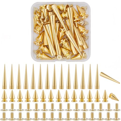 GORGECRAFT 30 uppsättningar spikdubbar gyllene kon punk runda spikar nitar 38 & 19 mm stora skruvstift skruv på kon långa metallspikar för gör-det-själv hantverk kläder jackor läderskor halloween
