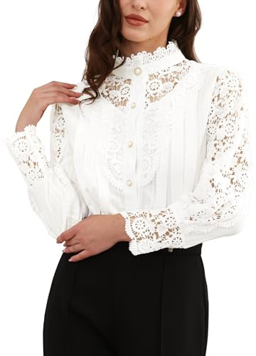 Allegra K Elegant Victorian Stand Collar Long Sleeve Button Down Blouse | Vintage design with multiple details. Suitable for spring/summer. Casual Holiday Dating Halloween