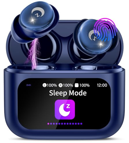 VEKJ Auriculares Inalámbricos con Pantalla Táctil LED, 2025 Auriculares Bluetooth 5.4 HiFi Estéreo, 48H Mini Auriculare para Dormir con Cancelación de Ruido, IP7 Impermeable Cascos Inalambricos Azul