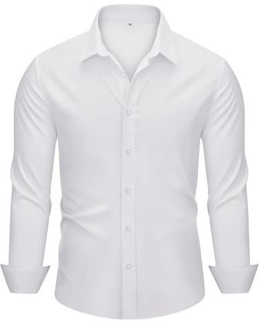 Autsel Mens Button-Down Shirt Long Sleeve Smart Casual Business Top White