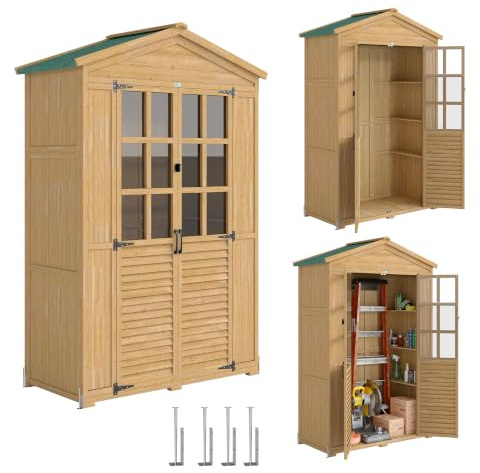 Outsunny Trädgårdsskåp trä utrustningsskjul med hylla akrylfönster låsbar dörr bottenplatta asfalttak ventilationspanel 128 x 57,5 x 197 cm enhetsskåp apparathus för trädgård terrass ljusbrun