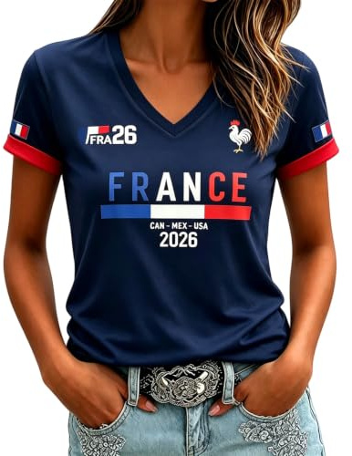 Maillot Equipe de France Foot 2026 Femme T-Shirt Fan Football Coupe du Monde 2026 Maillot de Foot Graphique avec Coq Gaulois Tee Shirt Dérivés Vêtement Modèle Équipe pour Les Fans de Football
