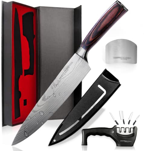 SALQINOS Set di coltelli da cucina universali - Set di coltelli di alta qualità - coltello in acciaio inox con venature eleganti, affilacoltelli, protezione per le dita e elegante confezione regalo