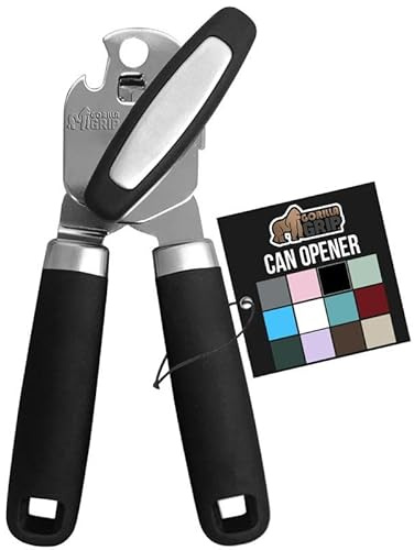GORILLA GRIP Heavy Duty Handheld Manual Can Opener, Stainless Steel Bottle Lid Openers, Easily Open Cans, Sharp Blade Smooth Edge Cut, Easy Turn Knob for Senior Arthritis Hands, Kitchen Gadgets, Black