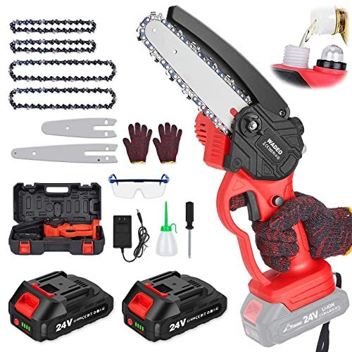 WADEO Mini Kettensäge mit Akku, 6 Zoll und 4 Zoll Kabellose Kettensäge mit 4 Ketten und 2 Batterie, Einhand Kettensäge elektrisch mit Öler, Handkettensäge zum Schneiden von Äste und Garten