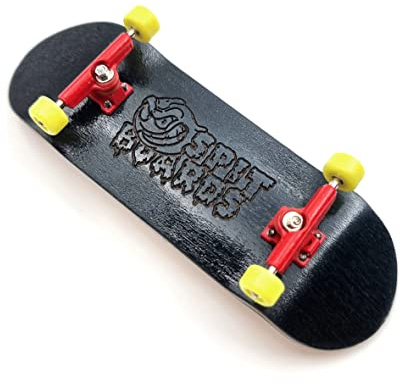 SPITBOARDS 32 mm Fingerboard Complete Real Wood Set-Up (pre-ensamblado, Madera de 5 láminas), Ejes de Metal, Ruedas con Rodamientos, Lija Foam Grip Tape, (Tabla: Black, Ejes: Roja, Ruedas: Amarillo)