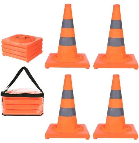 SWEWARM 28 Collapsible Traffic Safety Cones, 4Pcs Multi-Purpose Pop-up Cones with Reflective Strips and Stable Bases, Orange Construction Cones for Road Parking, Driving Practice (28inch)