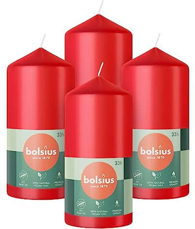 Bolsius Glatte Stumpenkerzen - Rot - 4 Stück - 12 x 6 cm - Dekorative Haushaltkerzen - Länge Brenndauer 33 Stunden - Unparfümierte - Enthält Natürliches Pflanzenwachs - Ohne Palmöl