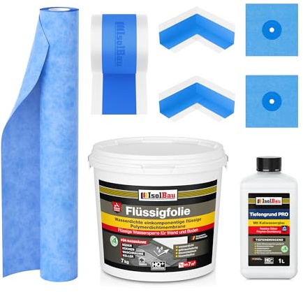 Isolbau Kit d'étanchéité avec 1 film liquide (7 kg), 1 fond de profondeur PRO (1 L), 1 bande d'étanchéité (5 m), 1 bande d'étanchéité (2 m), 2 coins intérieurs et 2 manchettes