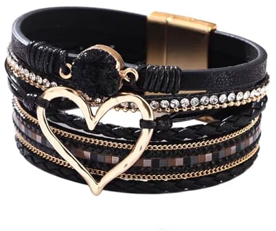 TENGEE Leder Armband Frau,Wickelarmband Damen,Leder Armband Frau,Boho Herz Leder Armband Frau,Mehrstöckig Leder Armband Frau,Herzförmig Wickelarmband Damen,Mit Magnetschnalle,für Mutter Freunde