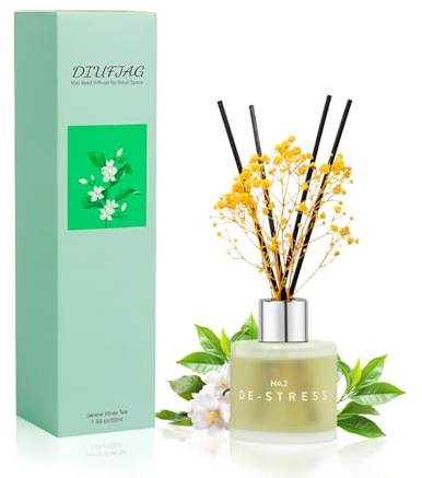 DIUFJAG Profumatore per Ambienti - Gelsomino Té Bianco,Diffusore Profumo Ambiente con 8 Bastoncini Fiori Secchi per Bagno,Appartamento 50ml
