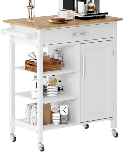 DlandHome Desserte à roulettes avec Étagères Cuisine Meuble Rangement avec roulettes Buffet Cuisine Chariot de Bar L'îlot de Cuisine Grand Plan de Travail avec Porte-Serviettes Tiroirs & Portes Blanc