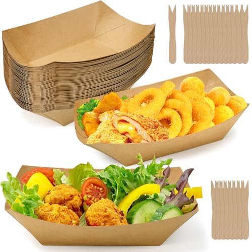 Huucozn 50 Pz Vassoi Cartone Kraft,Ciotole per Patatine Fritte in Cartone,Barchette per Finger Food,Ciotole di Carta Profonde con 200 Pz Forchette in Legno per Cibi Fritti,Picnic 16,7 x 12 x 4cm