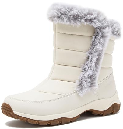 Lands' End Expedition Slip On Insulated Waterproof Winter Boots for Women, Puffer Fur Trimmed Hook & Loop Womens Boots, Medium or Wide Width Sizes 6 to 11, Black, Brown or White - White, 7 Medium