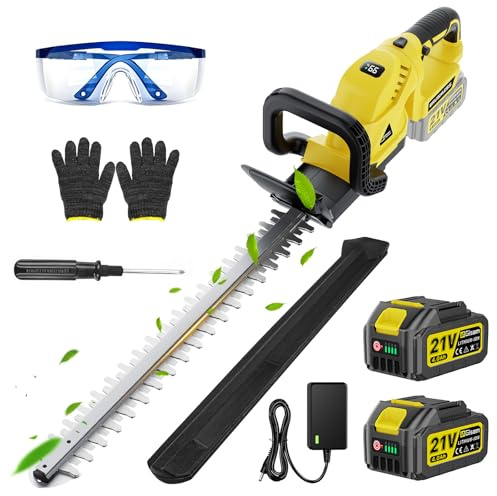 Cortasetos, batería de 52 cm de longitud de cuchilla, mango ergonómico, protección contra golpes, cortador de setos con batería de 2 x 4000 mAh para cortar arbustos, cuidado del jardín, sin cable
