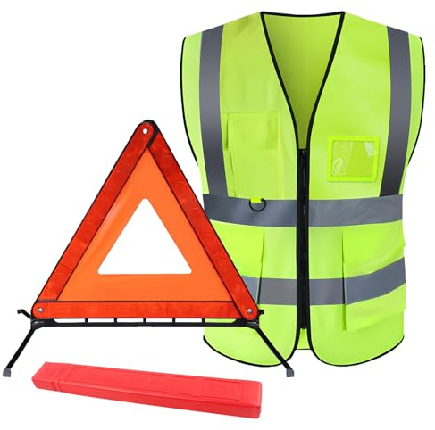 2in1 Triangolo Emergenza Auto Kit,Giubbotto Catarifrangente,Gilet Alta Visibilità,Sicurezza Triangolo Veicolare,Pieghevole Segnalazione Kit Auto per Camper,Emergenza Stradale e Avviso di Pericolo