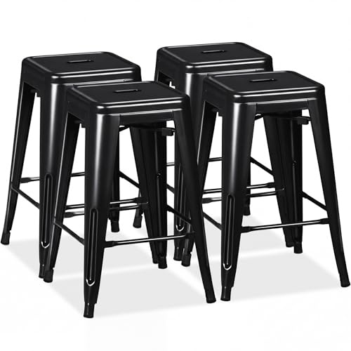 Shahoo 24 Inches Metal Bar Stools Counter Height Stackable Backless Stools, Industrial Patio Stools Indoor Outdoor Metal Kitchen Stools Set of 4 (Black, 24'')