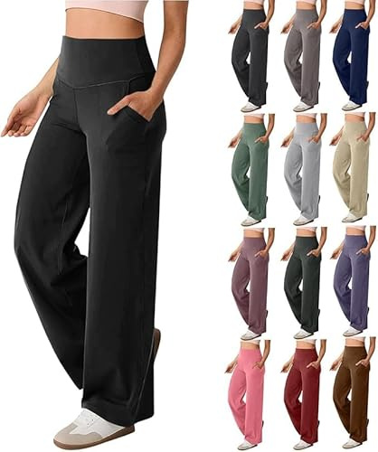 Ladies Black Trousers, Yoga Pants for Women Wide Leg Trousers Leggings High Elasticated Waist Stretchy Palazzo Trouser Tummy Control Hip Lift Gym Joggers Casual Women's Clothing