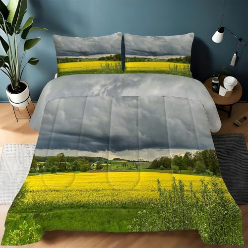 Rapeseed Flowers Queen Comforter Set, Forest Comforters Queen Size Luxury Soft Microfiber Fluffy Printing Duvet Insert, Quilt with 2 Pillowcases for Kids and Adults YUa1636