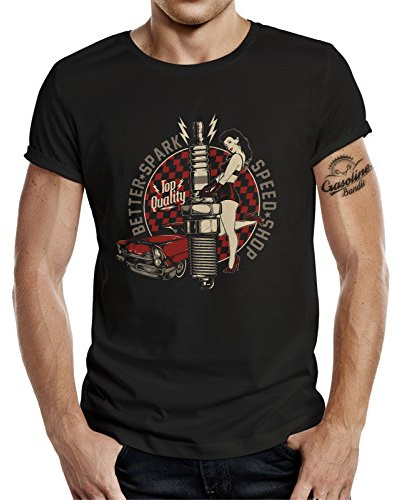 GASOLINE BANDIT Camiseta original Biker Racer Rockabilly Hot-Rod Diseño: Better Spark, Negro , M