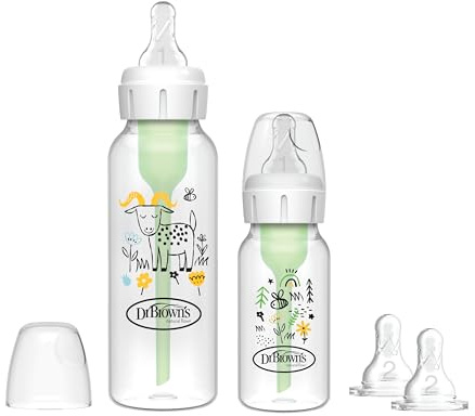 Dr Brown's Natural Flow Anti-Colic Options+ Narrow Baby Bottle, Sampler Kit, 1x 4oz/120ml Bottle & 1x 8oz/250ml Bottles with Level 1 Slow Flow Teat, Kit Also Includes 2X Level 2 Medium Flow Teats
