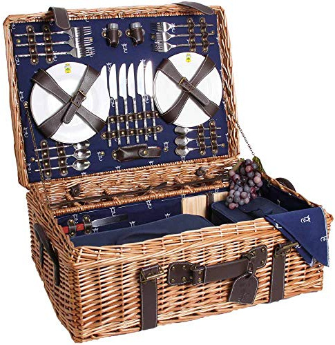 Les Jardins de la Comtesse - Picknickkorg för 6 personer Champs-Elysées blå, komplett med isolerade fickor, skärbräda och bordsduk, storlek: 62 x 44 x 23 cm