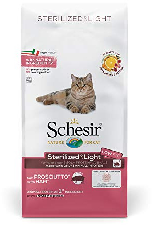 Schesir, pienso para Gatos Adultos esterilizados, línea Light con jamón, croquetas - Formato Bolsa de 10 kg