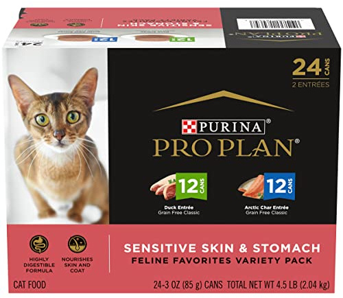 Purina Pro Plan Sensitive Skin and Stomach Wet Cat Food Variety Pack, Duck and Artic Char Entrees - (Pack of 24) 3 oz. Cans