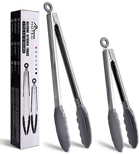 HOTEC Pinze da Cucina, Pinza Spaghetti, Pinze de Barbecue Acciaio Inoxe Silicone di Alta Qualità,Sistema di Bloccaggio Intelligente,Set di 2-23cm e 30.5cm, Grigio Chiaro