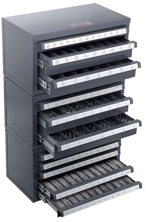 VEVOR Drill Bit Dispenser Cabinet Set, Three-Drawer for 1/16 to 1/2 & Letter Sizes A to Z, Five-Drawer Drill Bit Organizer for Wire Gauge Sizes #1 to #60, 3 Pieces