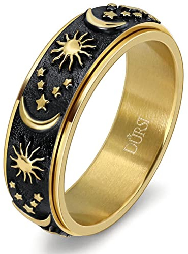 DURSI Sun Moon Star Spinner Fidget Ring for Anxiety for Men Women Stainless Steel Rotating Engagement Wedding Band (Gold Black, Size 12)