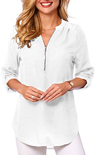 Tuopuda Chemisier pour Femme avec Col en V Chemises Chic Elégant T-Shirt à Manches Longues Blouses Blanche 3/4 Tunique Manches enroulables Hauts Décontractés, Blanc, XL