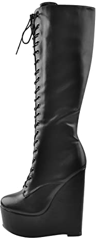 Only maker Damen Schnürstiefel Plateau Keilstiefel mit Reißverschluss Langschaft Schwarz Long Boots Lederoptik 45 EU