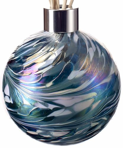 Amelia Art Glass Reed Diffuser Sphere- Turquoise & White, Height 11.5cm, width 10cm with reeds 25cm