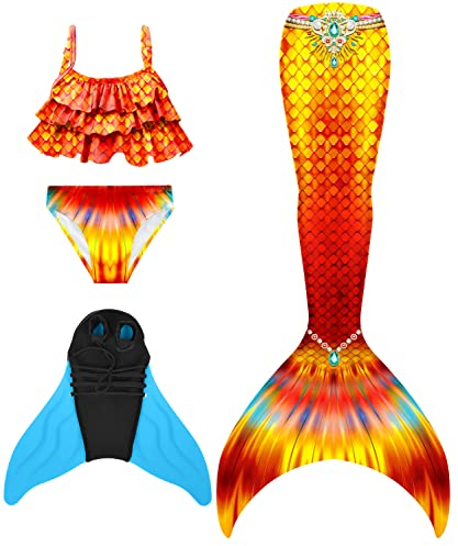 DNFUN meerjungfrauenflosse mädchen Badeanzug - Meerjungfrauenschwanz Schwimmen für Kinder Meerjungfrau Flosse Bademode mit Bikini Set und Monoflosse Mermaid Tail
