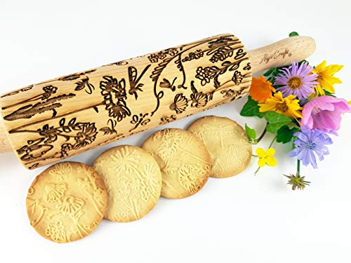 Algis Crafts - MEADOW Embossed Rolling Pin for Baking Accessories with Laser Engraved Design - Beautifully Handmade Pattern Rolling Pin - Decorative Dough Roller to Make Unique Bakes and Pottery