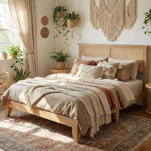 GAOMON Full Rattan Bed Frame with Natural Rattan Headboard, Full Size Platform Bed Frame with LED Lights, Mattress Foundation, Noise-Free, No Box Spring Needed