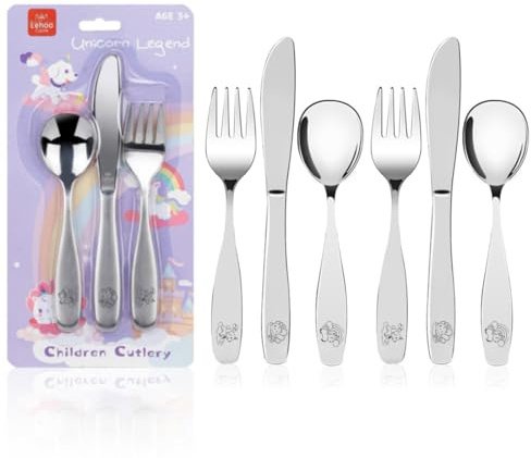 Lehoo Castle Unicorn Toddler Kids Cutlery Set, 6 Pcs Stainless Steel Travel Camping Baby Cutlery Sets - 2 x Forks, 2 x Spoons, 2 x Knives, Children's Dinner Knife and Fork Sets (Unicorn)