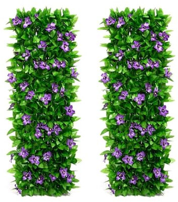 Lot de 4 panneaux de treillis de jardin extensibles de 40 x 200 cm avec feuilles artificielles, clôture de jardin extensible avec lierre artificiel et fleurs violettes, décoration de jardin
