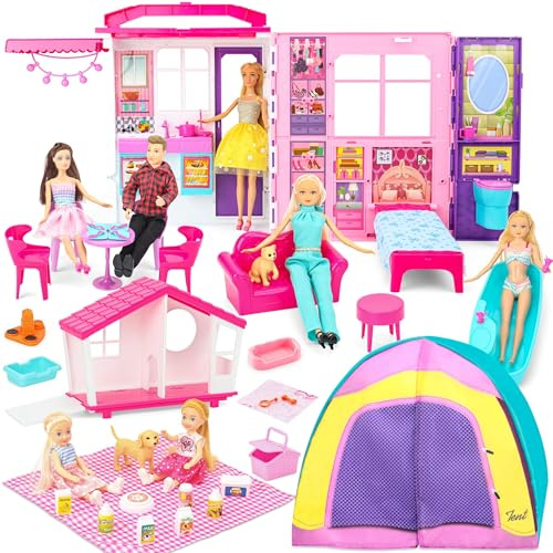 Dollhouse Gift Set - Casa de Muñecas Plegable 6-en-1, Más de 60 Accesorios con Muebles, 2 muñecas pequeñas, Mascotas & Camping – Playset portátil – Compatible con muñecas de 29cm (no Incluidas)
