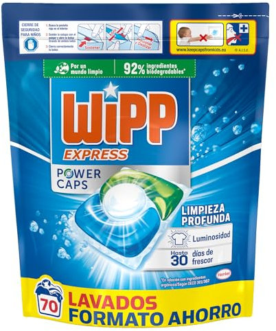 Wipp Express Power Caps Detergente en Cápsulas para Lavadora, 70 Dosis, Limpieza Profunda, Eficaz en Agua Fría